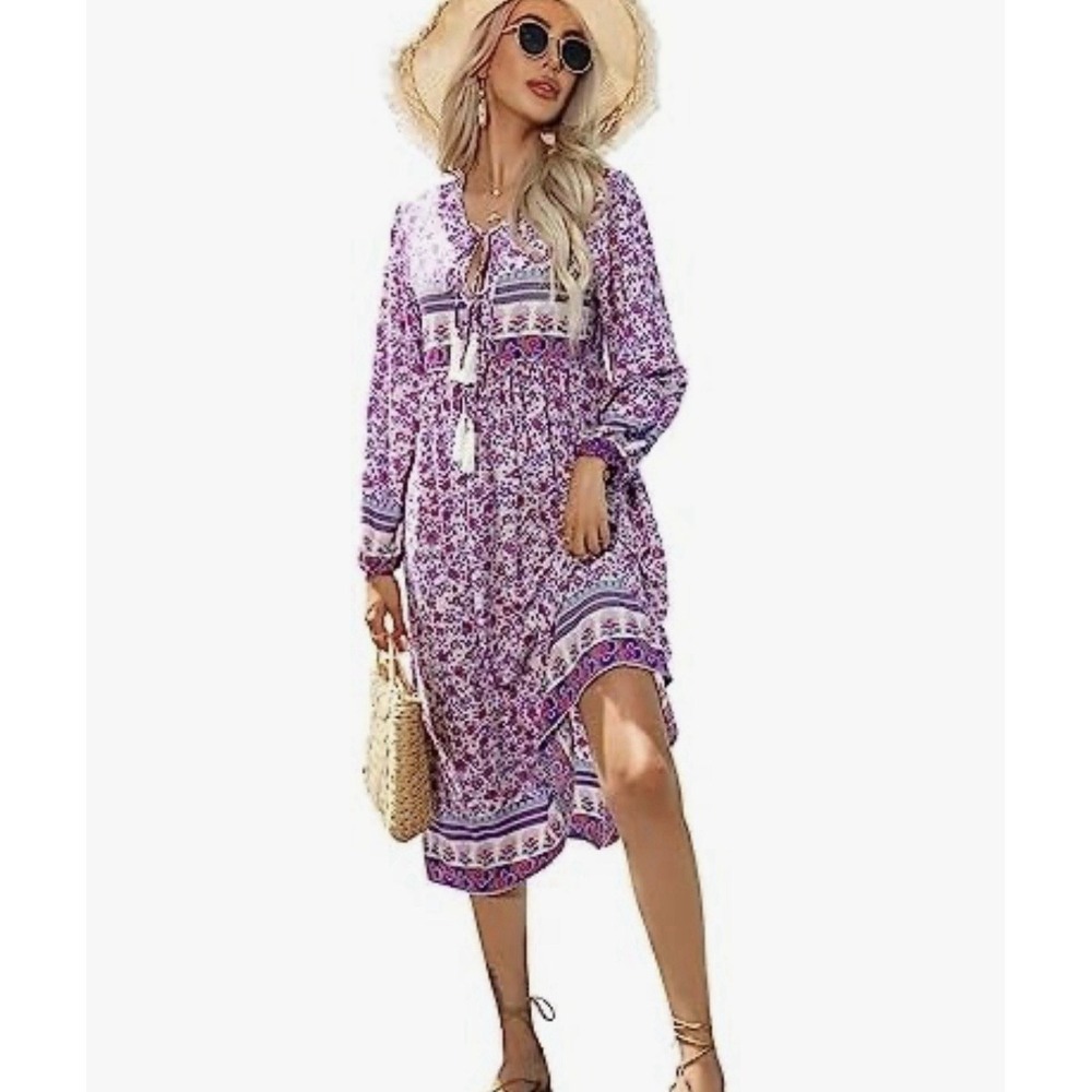 R Vivimos Women's Long Sleeve Floral Print Retro V N Eck Tassel Bohemian Midi D